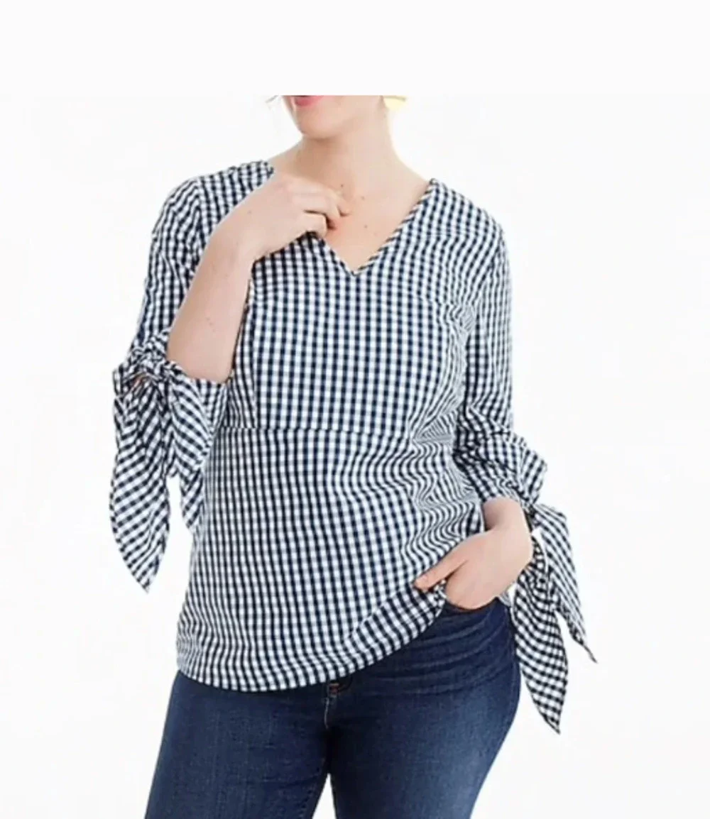 J.Crew Universal Standard Blue White Gingham V-Neck Shirt Women's Small